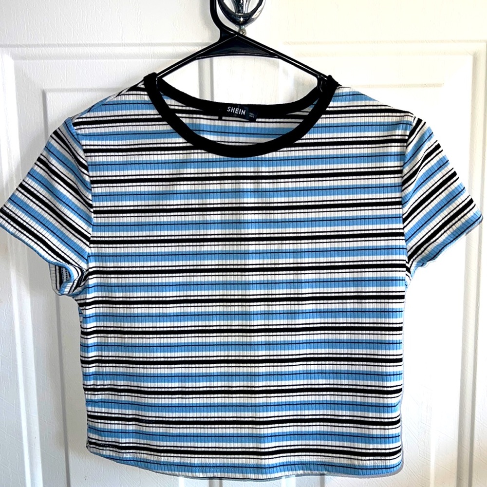 Blue and black striped crop top
